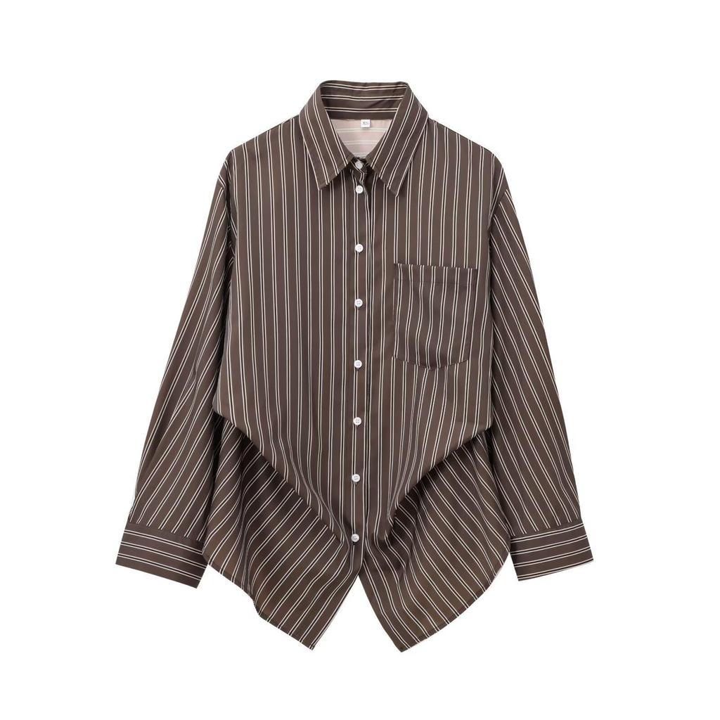 2024 Autumn Women's European & American Loose Casual Striped Long Sleeve Shirt