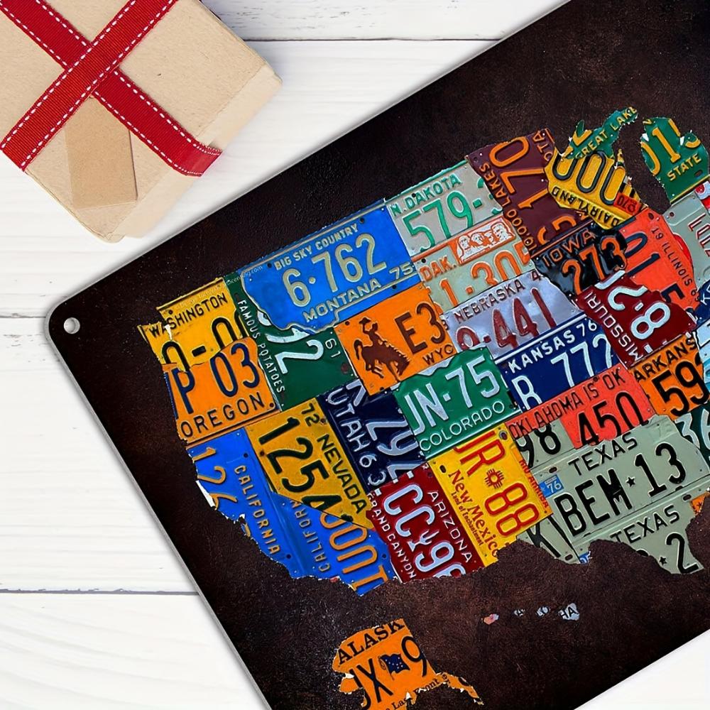 1pc Vintage Plaque Poster Garage Bar Home Wall Decor, USA Map Route 66 License Plate Metal Sign Aluminum 8x12 Inch