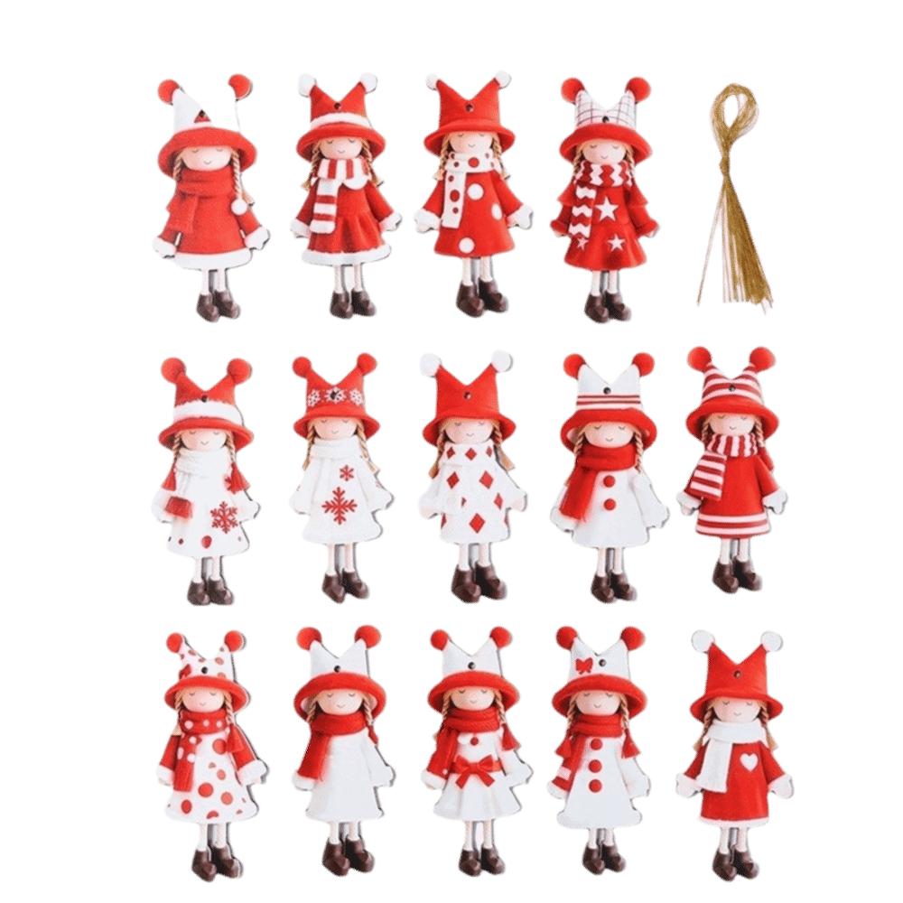 14/15pcs Classic Wooden Christmas Tree Ornaments 2D Flat Cute Girl-Shaped Pendant Colorful Design Xmas Hanging Holiday