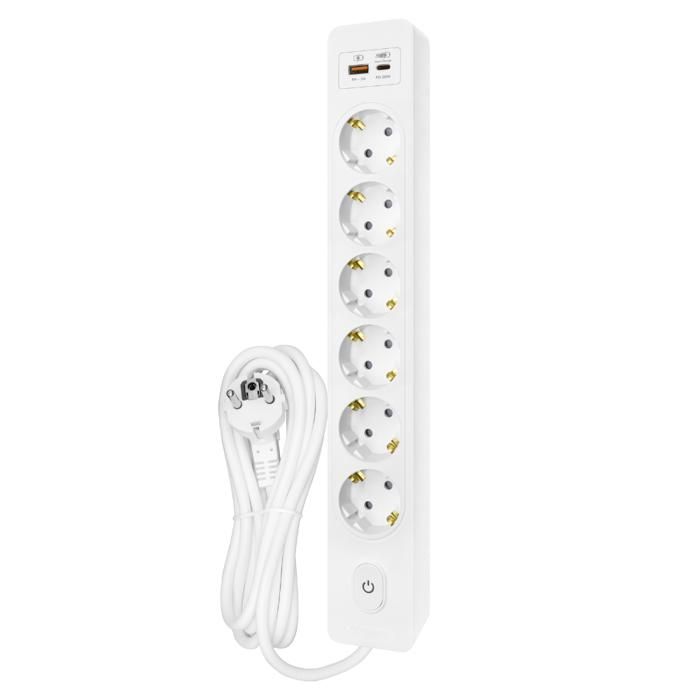 SELDUR G6TH32B Power Strip, 6 Type F Sockets + Switch, USB A+C Fast Charge 20W, White, 3m Cable