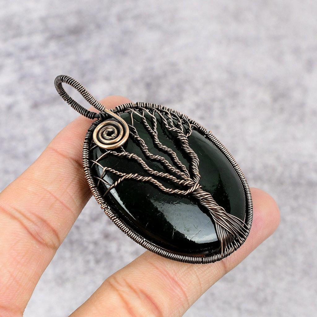 Tree Of Life Green Zade Pendant, 999 Copper Wire Wrapped Gemstone Jewelry, Handmade Pendant, Gift For Love