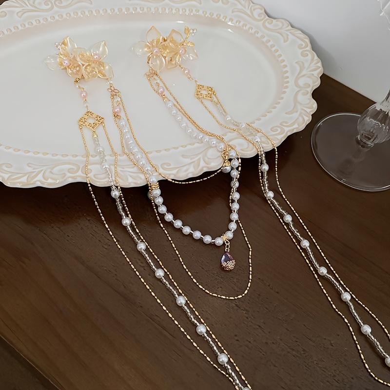 1 Piece Set Of Pearl Studded Diamond Flower Long Tassel Hair Clips Creative And Fashionable Shark Clip Niche Hair Accessories For Women