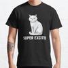 Men Fashion Casual Short Sleeves Super Excited Grumpy White Cat Black Tees Oversized T-shirts