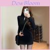 Spring Autumn Black Knit Bodycon Dress With V Neck Long Sleeve For Casual Office Wear