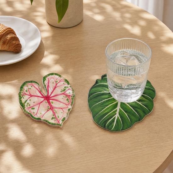 Acrylic Tropical Plant Coasters, Heat Resistant Non-Slip Drink Coasters, Easy Clean Leaf Shaped Pads for Coffee Table Desk Decor, Home Gift