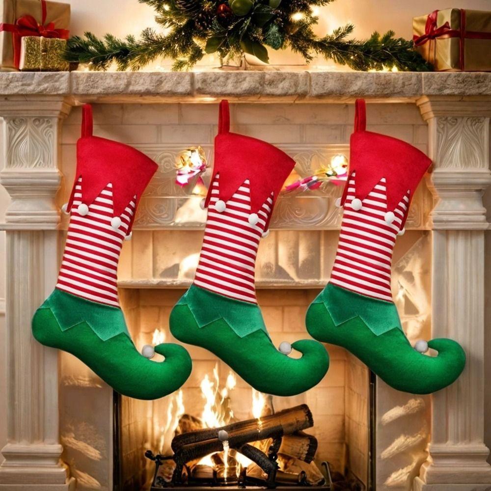 Hanging Elf Christmas Stocking Gift Bag Striped Christmas Stocking Ornaments Kids