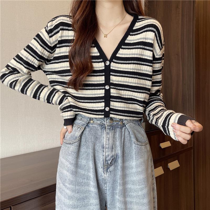 Retro Autumn and Winter Versatile Long-sleeved Collar Striped Cardigan Sweater Women's Knitted Bottoming Shirt Jacket Women