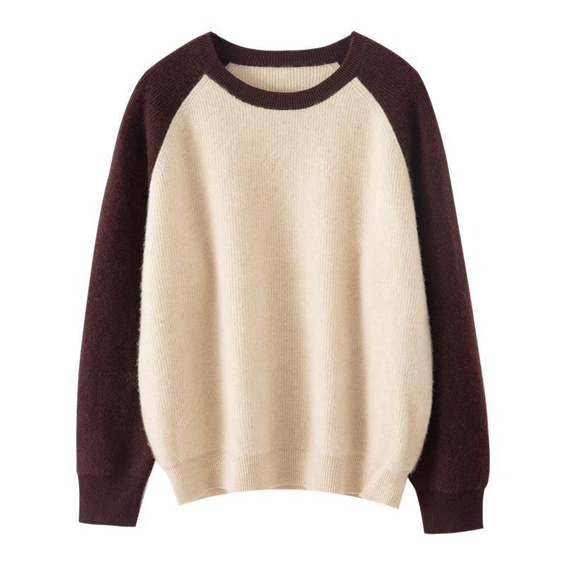 Women's Color Block Cashmere Sweater - Round Neck, Thick Knitwear for Autumn/Winter, Soft and Cozy Pullover