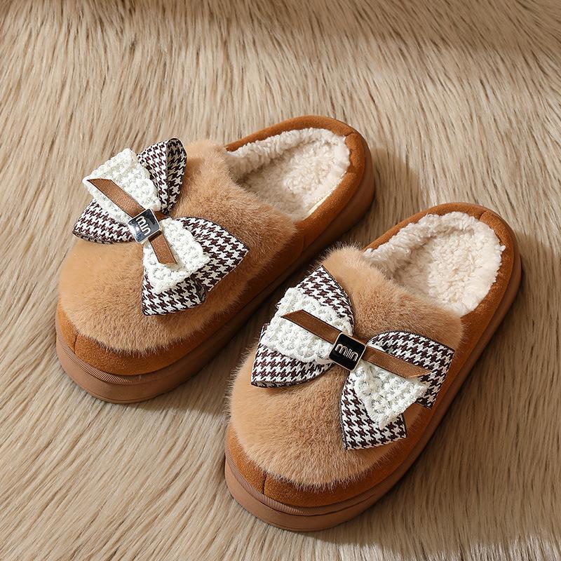 Bow Cotton Slippers Winter Indoor Home Thick Bottom Warm Cute Plush Household Cotton Mop