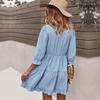 Spring Solid Ruffles Dress Women Three Quarter Sleeve V Neck High Waist Summer S-XL