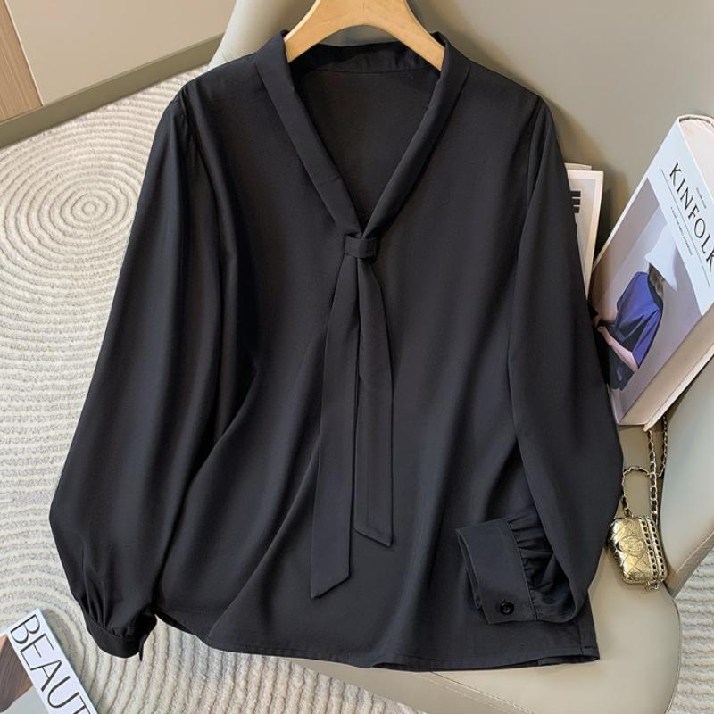 Solid Thin Chiffon Plus Size Shirt Women's Elegant Butterfly Knot V-neck Blouse Spring Autumn Long Sleeves Tops