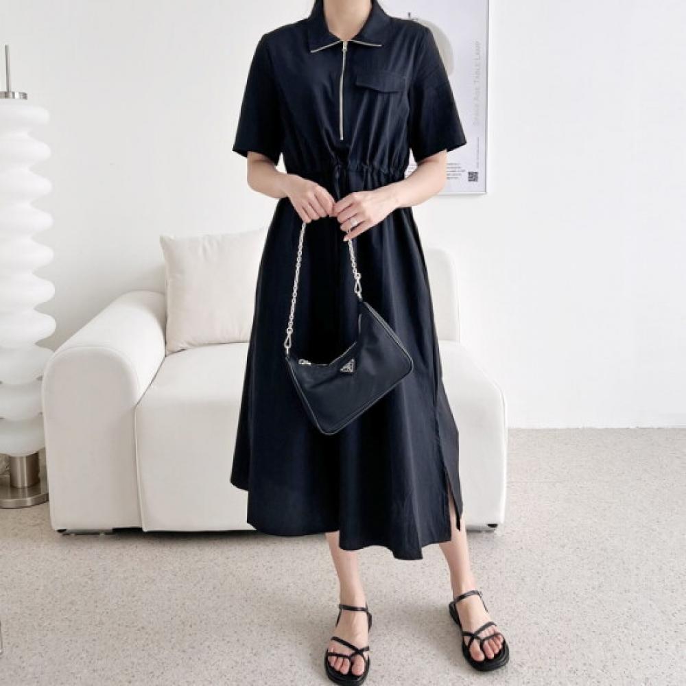Shop Women Collar Half Zip Waist Adjustable Flare Long Dress Wdm Wdr Kqq2162