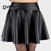 Women Skirt Smooth Faux Leather A Line Pleated Solid Color High Elastic Waist Short Soft Above Knee Mini Skirt Performance Stage Club Skirt