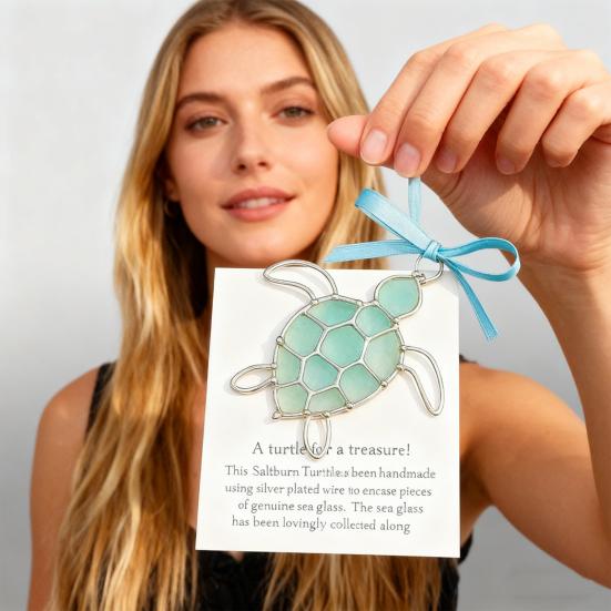 Sea Turtle Ornament with Card Sea Glass Turtle Gifts for Women Turtle Lovers Christmas Tree Hanging Decoration for Indoor Outdoor Home Decor