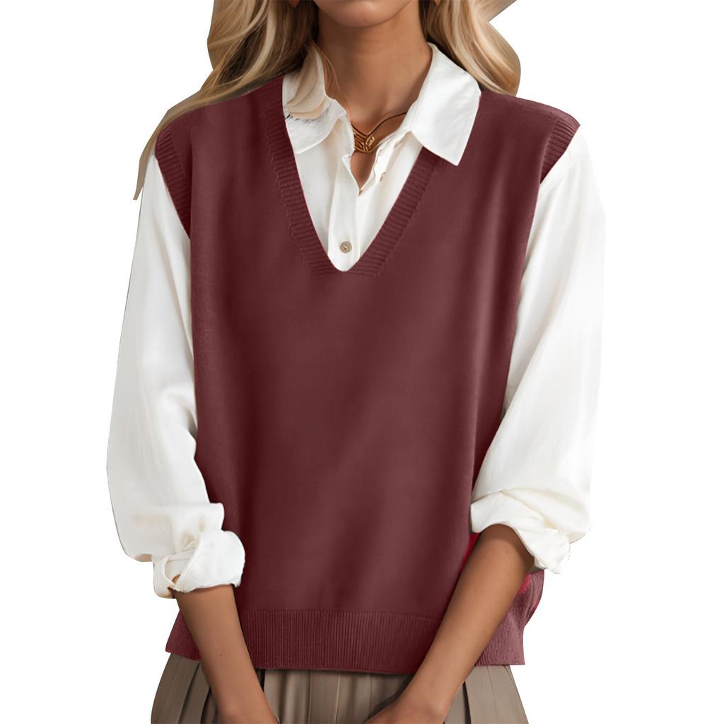 Fashionable Girls V-neck Knitted Vest All-match Waistcoat Temperament Casual Sweater