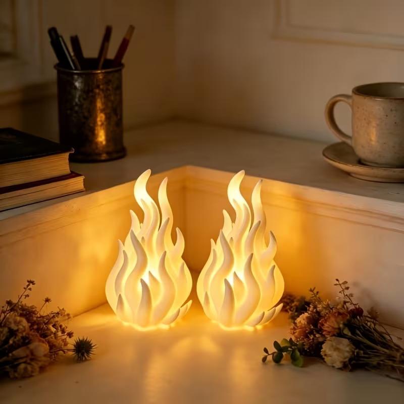 3D Printed White Flame Night Light Portable Battery Operated Decor Figurine for Party Christmas Home Decor