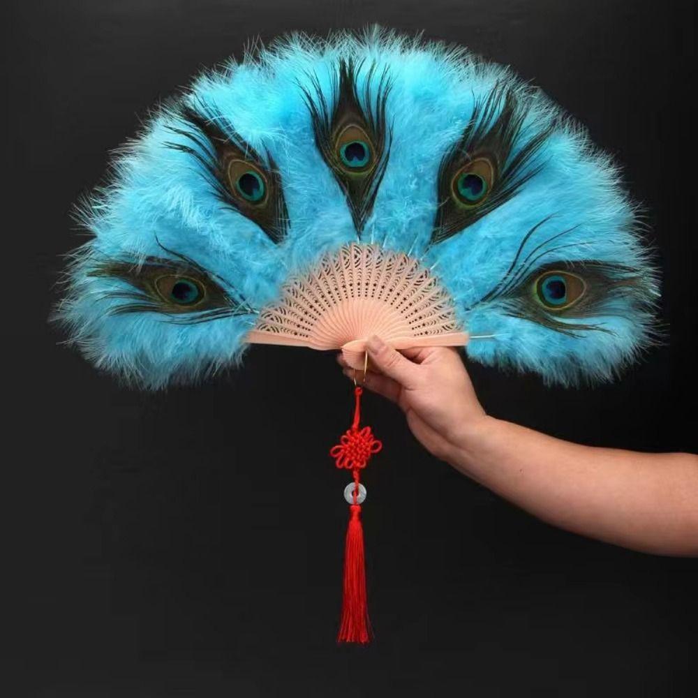 Handheld Peacock Feather Fan With Tassel Feather Dance Fan Folding Hand Fan Home Decoration