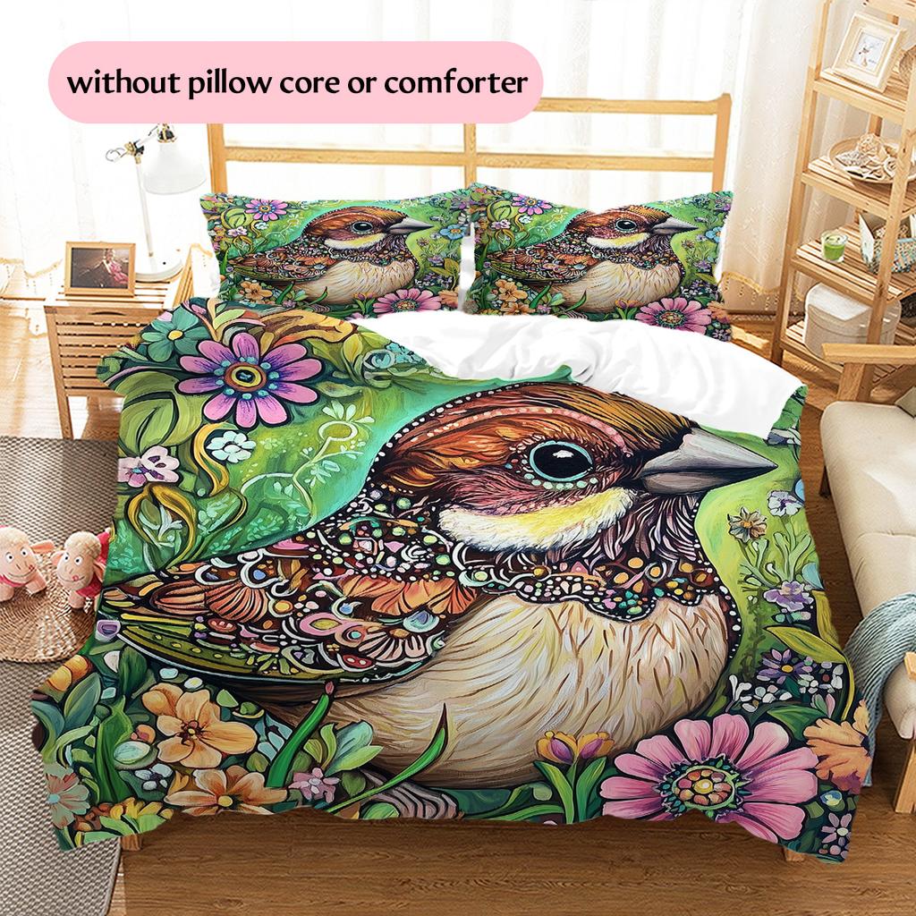 Colorful Flower Bird Pattern Bedding Quilt Set Home Decoration Gift (1 * duvet cover + 2 * pillowcase without core)