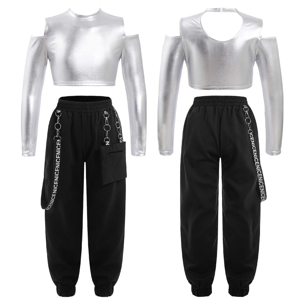 Детский укороченный топ с открытыми плечами и вырезом сзади для девочек, брюки с эластичной резинкой на талии для современного джаза, хип-хопа, танцев