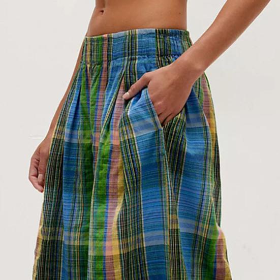 Women's Summer Boho Plaid Culotte Pants Casual Wide Leg Palazzo Trousers Baggy Cropped Gingham Capris Pants with Pockets