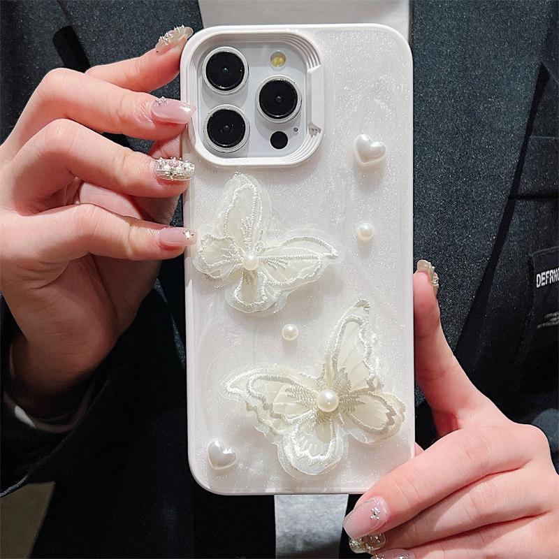 Роскошный сетчатый чехол с жемчужной бабочкой для iPhone 15 Pro Max 14 Plus 13 12 11 Pro, защитный чехол для девочек