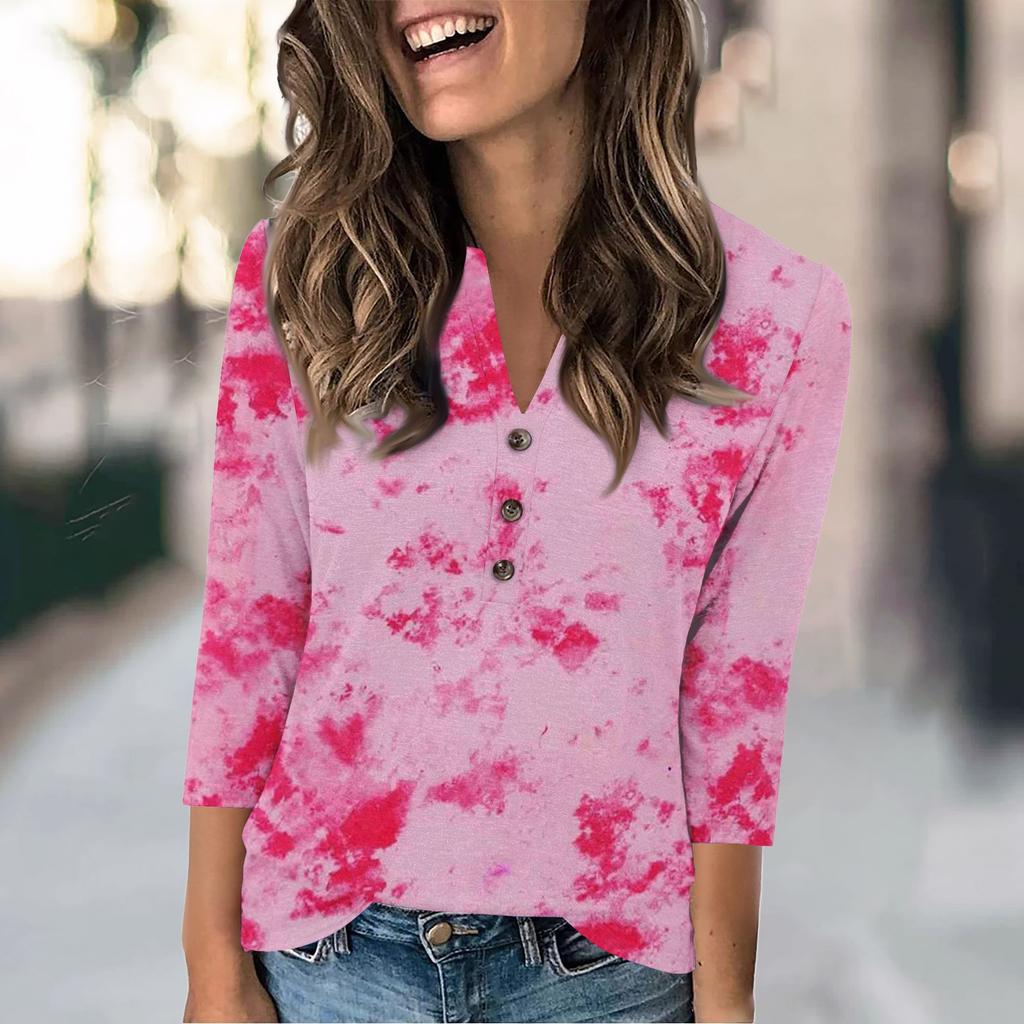 Women's Fashion Casual Loose 3/4 Sleeve Printed Round Neck Top