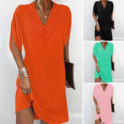 Женское платье с v-образным вырезом, плиссированное, с рукавами «летучая мышь», однотонное, свободное, мягкое, дышащее, мини-платье выше колена для поездок на работу
