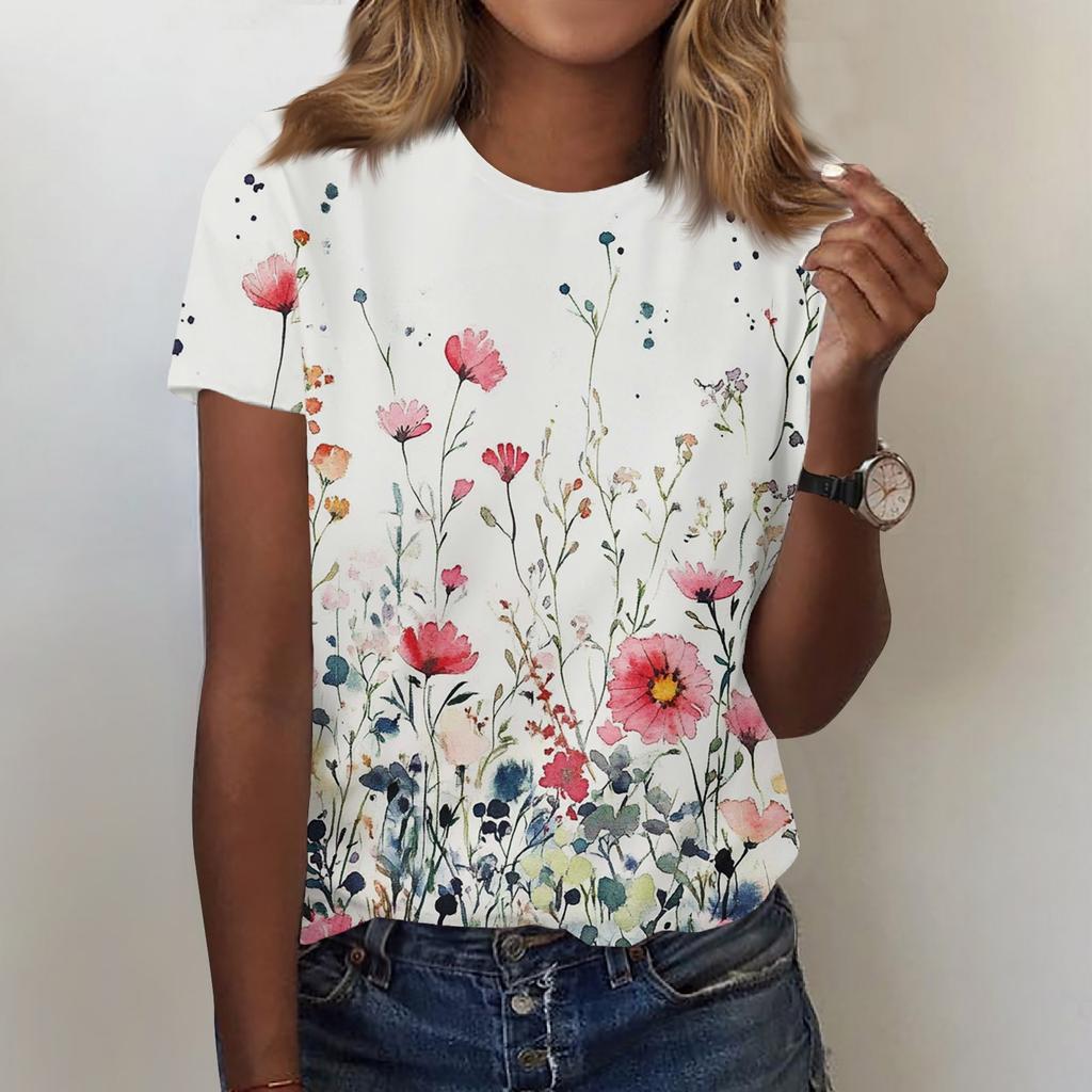 Women's Fashion Casual Printed Round Neck Short Sleeved T-Shirt Top T-Shirt Top Top