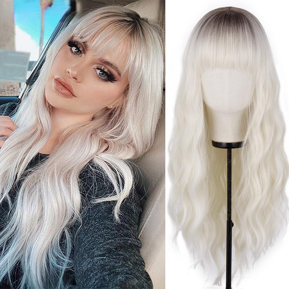 MERISIHAIR Long Ombre Synthetic Orange Red Black Pink Wigs with Bangs Water Wave Synthetic Heat Resistant Fiber Wigs for Women