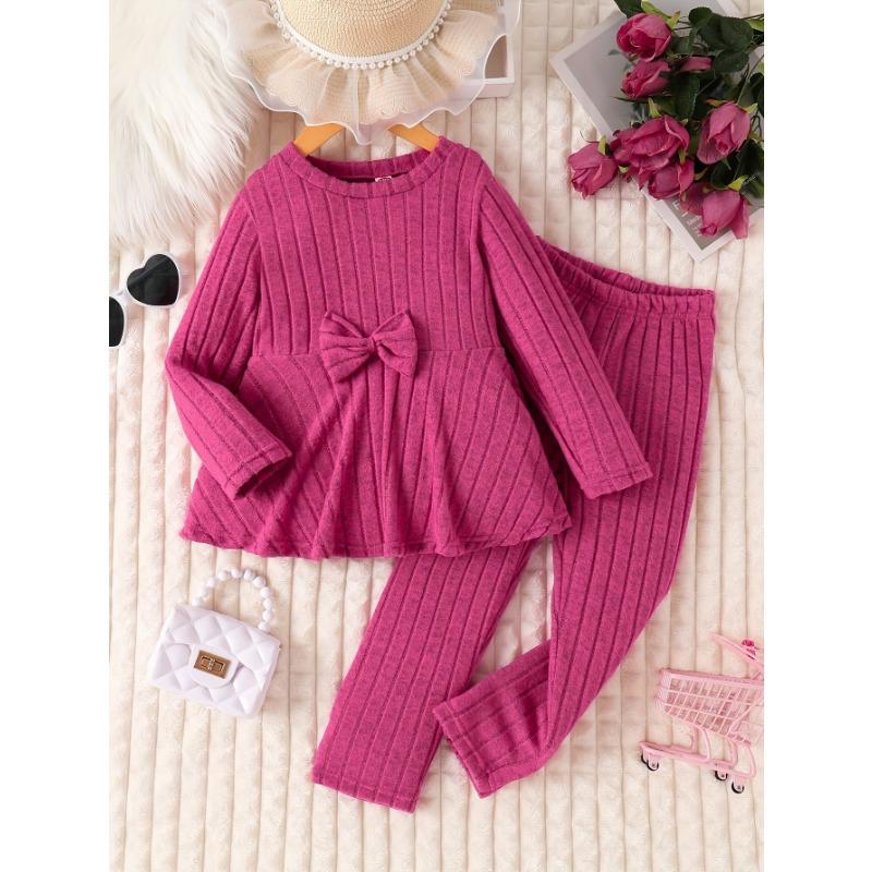 Шикарный комплект для девочек: платье с длинным рукавом и бантом и брюки - Уютная флисовая подкладка, однотонный, машинная стирка - Идеально для осени/зимы, идеально для улицы