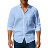 Summer Casual Shirts Men's Solid Color Long Sleeved Linen Shirts Stand Collar Breathable Shirts with Pockets