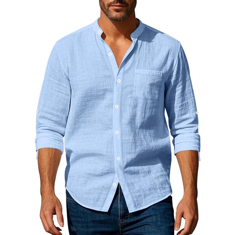Spring and Summer Linen Shirt Long-sleeved Stand-up Collar Breathable Casual Chinese Pocket Shirt Men