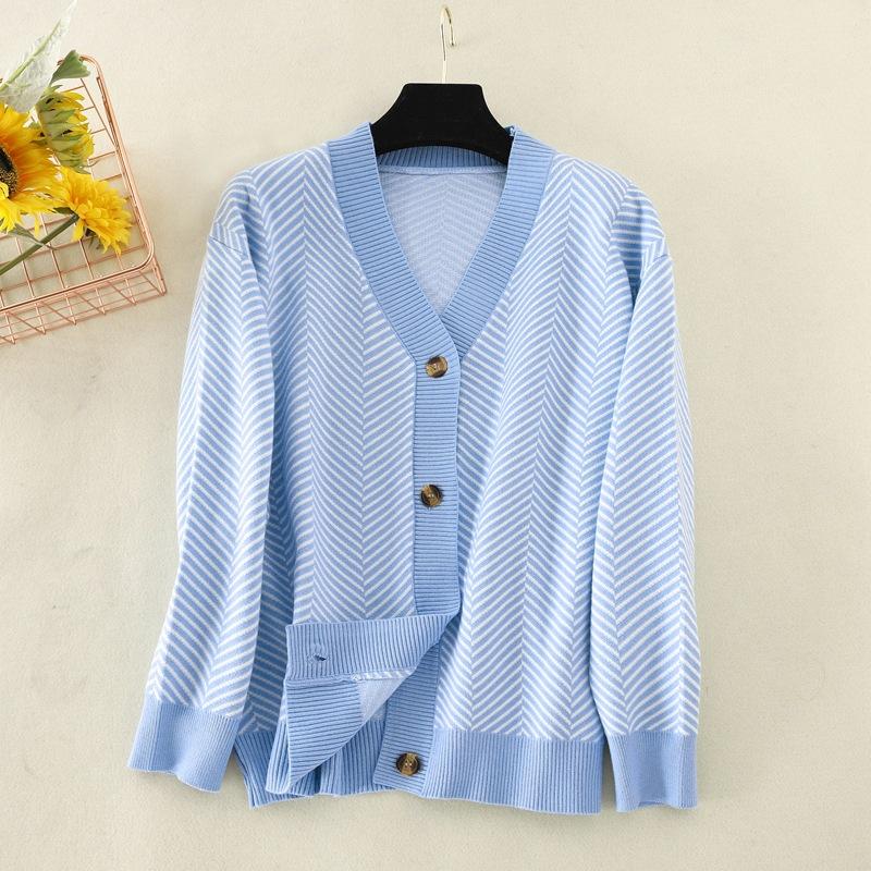 Autumn Women's Cardigan Sweater Women V-Neck Color Collision Loose Striped Sweater Jacket Long Sleeve Top