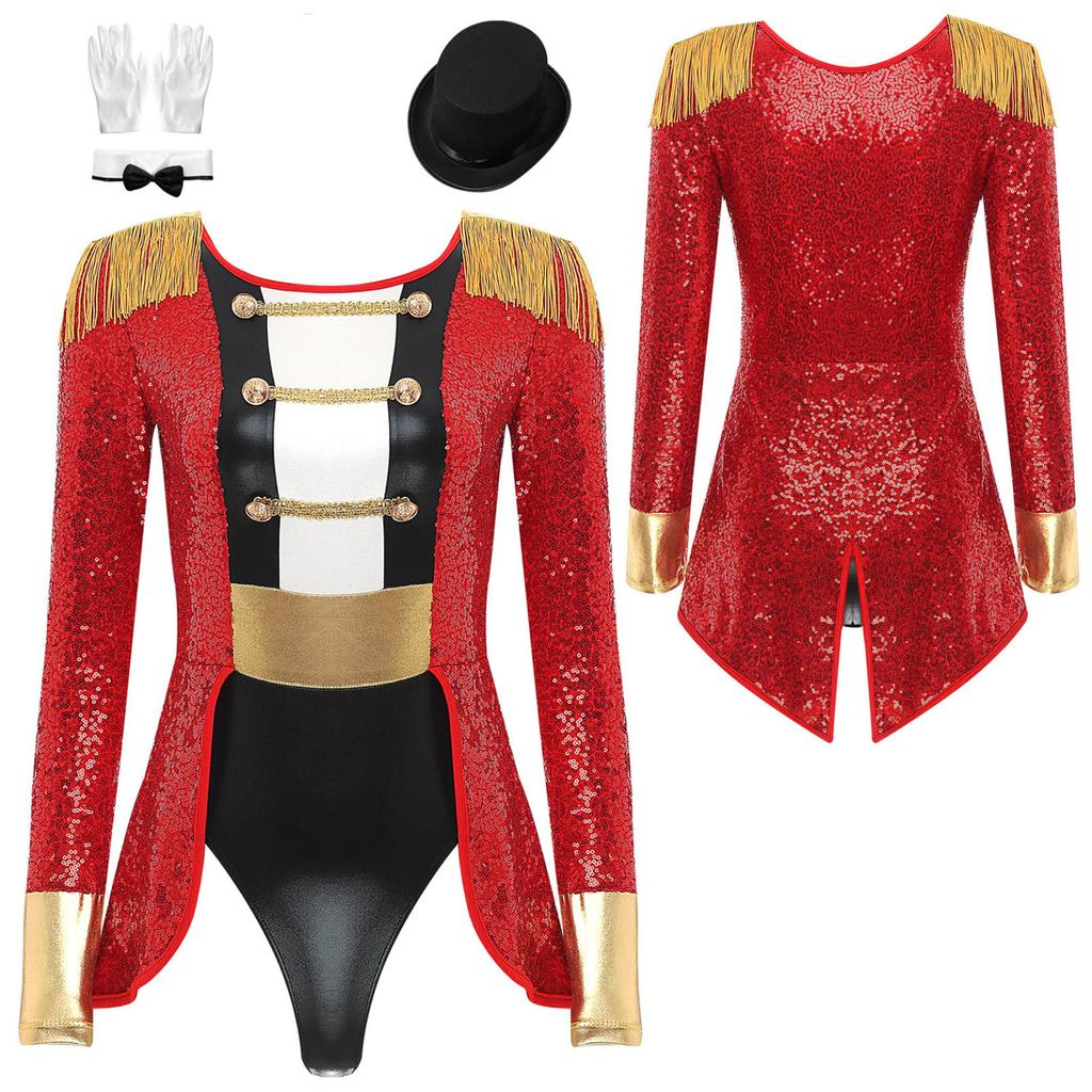 Women's Circus Ringmaster Costume Halloween Cosplay Tassel Leotard Bodysuit with Hat Bow Collar Gloves for Party Stage Shows