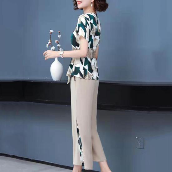 Женский комплект из 2 шт./компл., комплект из топа и брюк, плюс размер, с цветочным принтом, с короткими рукавами, с круглым вырезом, на шнуровке, с узкой талией, футболка с широкими штанинами, лоскутное шитье, женские брюки среднего возраста