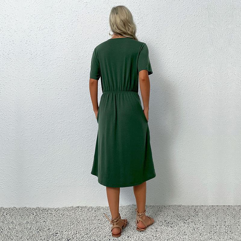 Летнее женское однотонное платье трапециевидной формы с короткими рукавами и V-образным вырезом в форме сердца
