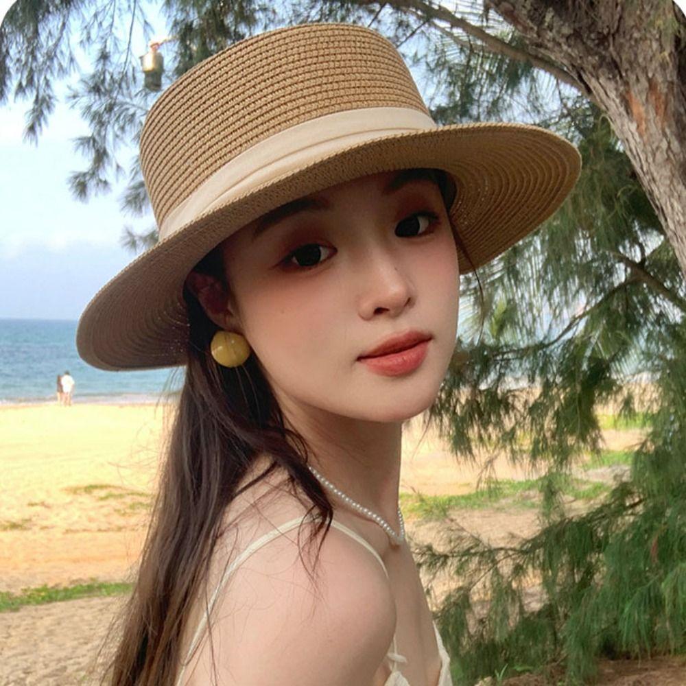 Шляпа-канотье из соломы в корейском стиле, с широкими полями, женская, солнцезащитная, простая, для защиты от солнца, женская