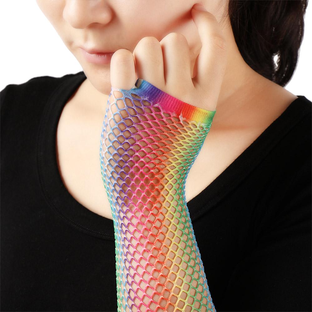 Wedding Party Costume Performance Rainbow Hollow Out Holes Gloves Disco Dance Fingerless Mesh Net