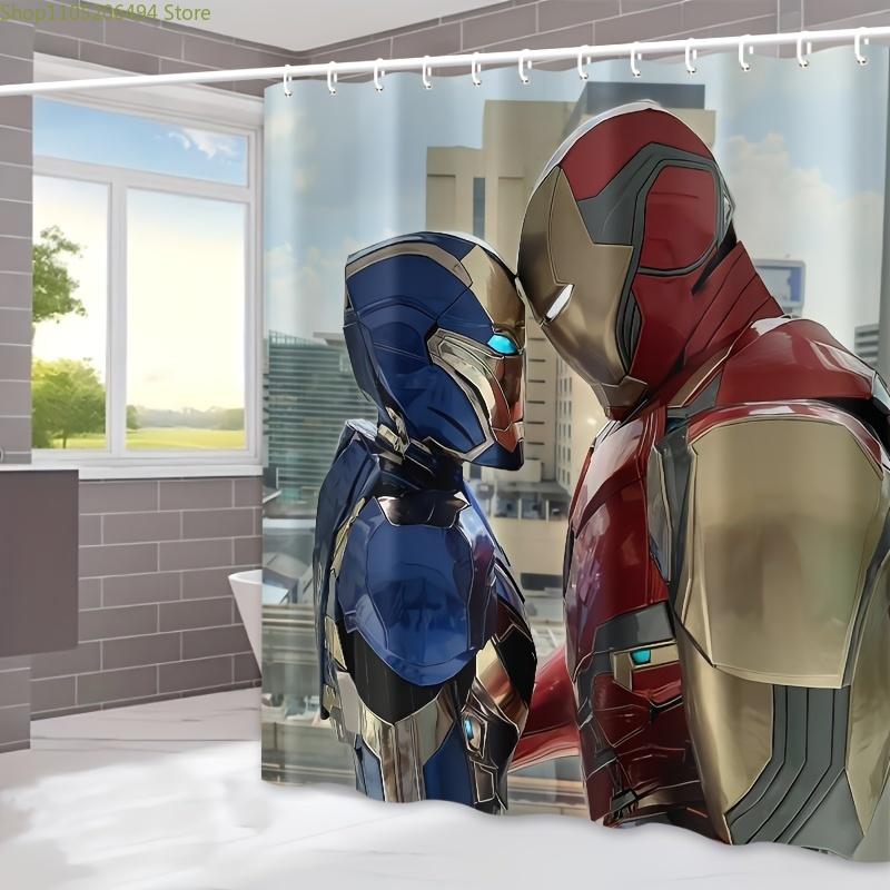 1 шт. Шторка для душа Marvel Железный человек - Водонепроницаемый полиэстер, 12 крючков в комплекте, Синий и золотой дизайн Железного человека, Идеальная