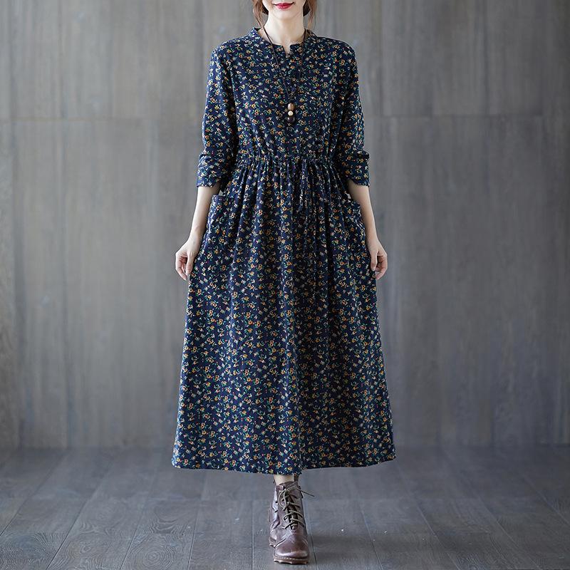 Spring and Autumn Literature and Art Loose Large Size Women's Disc Buckle Small Floral Skirt Lace-up Slim Cotton and Linen Dress
