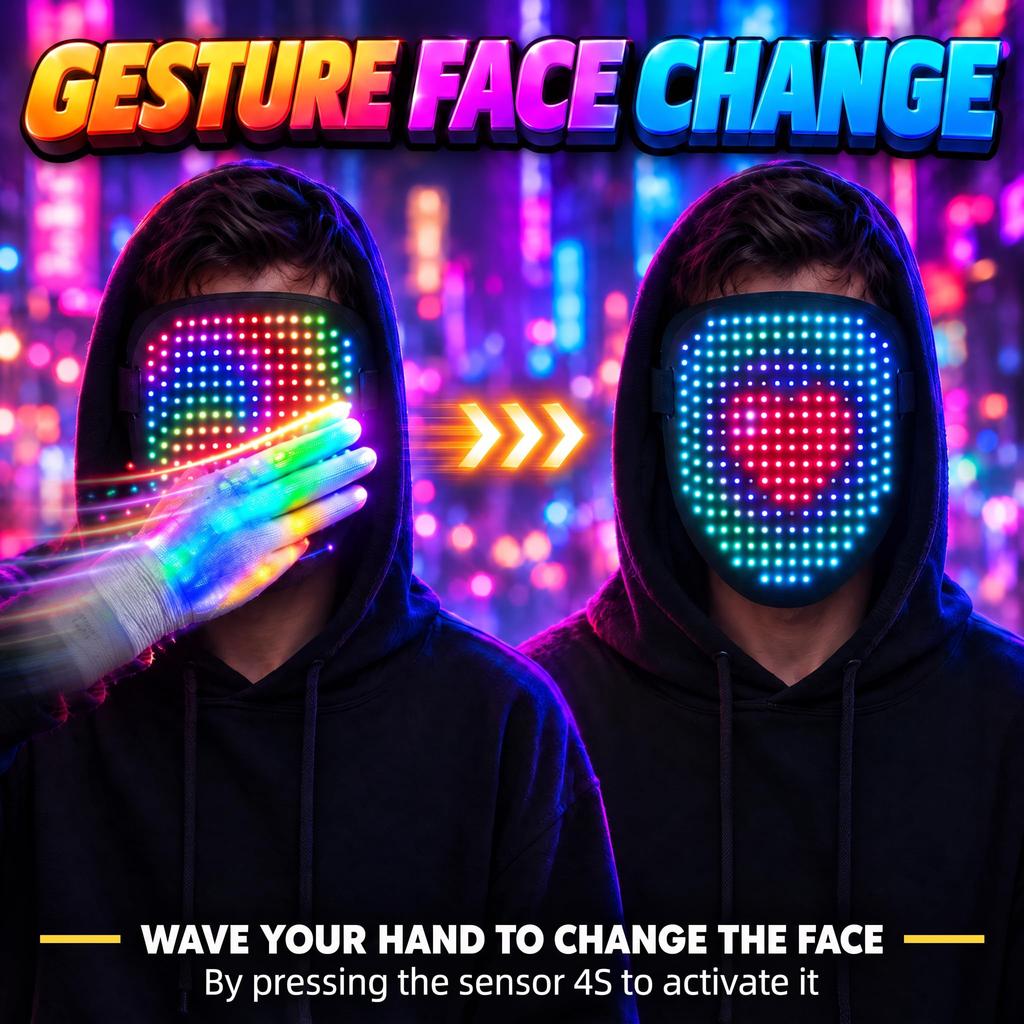 LED Mask and Light-Up Gloves Set with Gesture Control for Halloween and Christmas Direct from Japan
