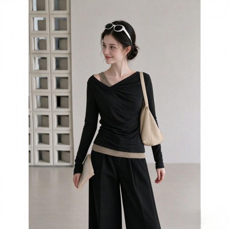 Womens Asymmetrical Neck Long Sleeve T-Shirt Contrast Color Slim Fit Pleated Top
