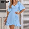 Women's Fashion Summer Spring Solid Color Print Short Sleeve V-Neck High Waist Casual Dresses