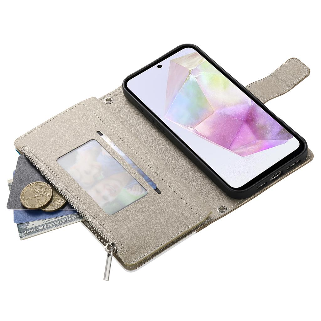 For Samsung Galaxy A35 5G Case Zipper Wallet Color Splicing Leather Flip Phone Cover with Straps