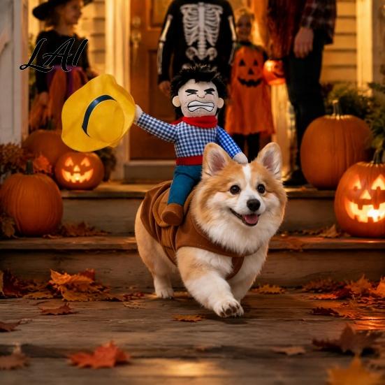 Comfortable Polyester Pet Outfit Cowboy Rider Dog Costume with Saddle Santa Riding on Holiday Apparel Funny Outfit Cute for Halloween Parties