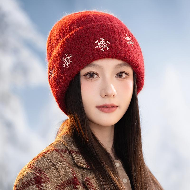 Новая Рождественская Шапка из Шерсти Снежинка Осень-Зима Корейская Универсальная Ветрозащитная Шапка для Женщин Повседневная Теплая Защита Ушей Головная Шапка