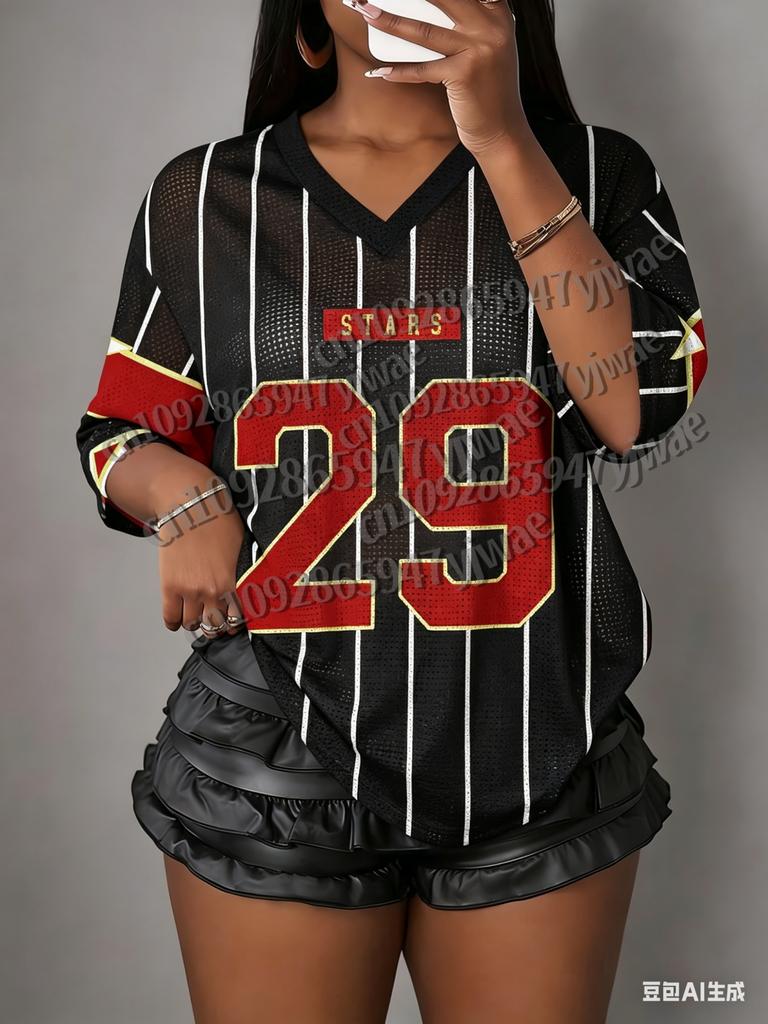 2026 Men Women Stars No.29 Print T-Shirt V-Neck Loose Breathable Short Sleeved Sports Tee Beach T-Shirt Vacation Beach Tops