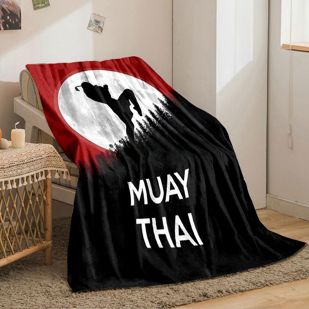 Silhouette of a Muay Thai fighter with a moon and red sky background. for all seasons blanket lunch break throw gift