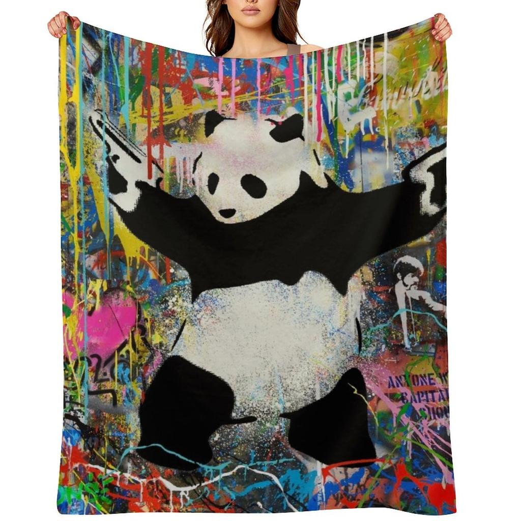 Panda With Guns Stick Em Up - Pop Street Art Banksy Throw Blanket Luxury Designer For Decorative Sofa Plush Giant Sofa Blankets