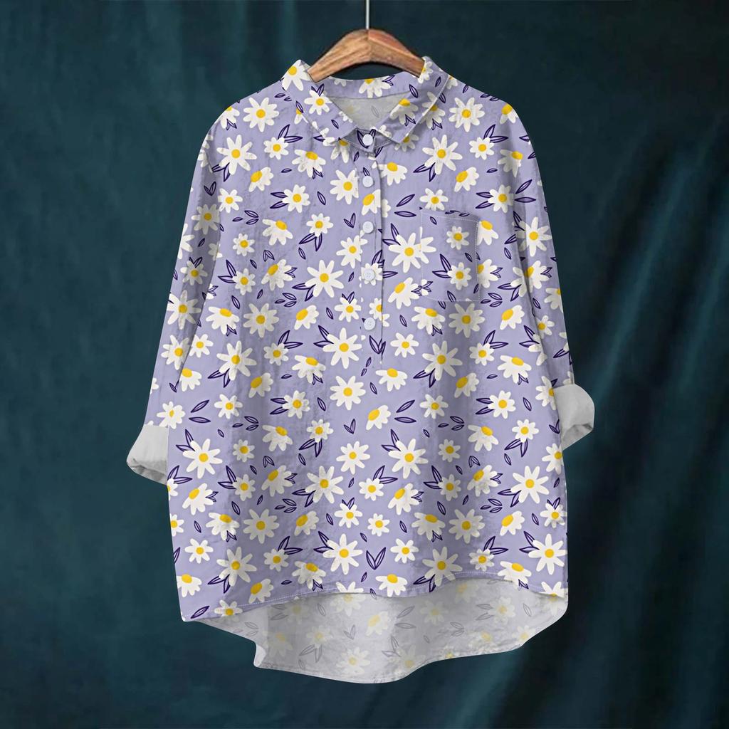 Women's Shirt Blouse Long-sleeved With Buttons Print Casual Hem Irregular Shirt Collar Top